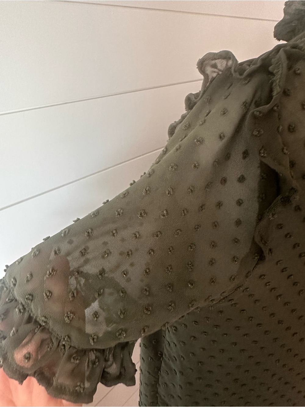 Ruffled Collar Olive Green Swiss Dot Blouse - Picture 2 of 6
